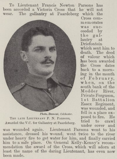The late Lieutenant F N Parsons, awarded the VC for Gallantry at Paardeberg by English Photographer