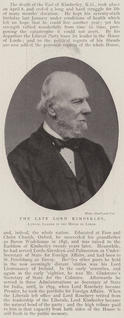 The Late Lord Kimberley, Liberal Leader in the House of Lords by English Photographer