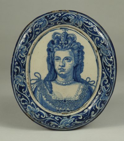A Delft Blue and White Oval Royal Portrait Plaque of Queen Anne, Probably London, c.1705 by English School
