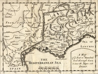 A Map of the Route Hannibal took through Gaul and over the Alps into Italy by English School