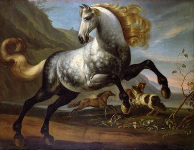 A Prancing Stallion with Stallions Fighting by English School