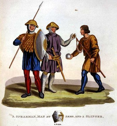 A Spearman, Man at Arms and a Slinger by English School