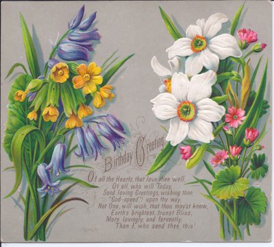 A Victorian Birthday Card with sprays of daffodils and bluebells by English School