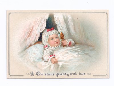 Victorian Christmas Card of a Child in Bed Holding a Rattle, c.1880 by English School