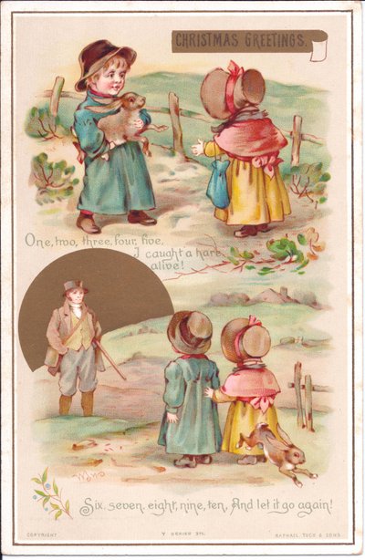 Victorian Christmas Card of Two Children with a Hare, c.1880 by English School