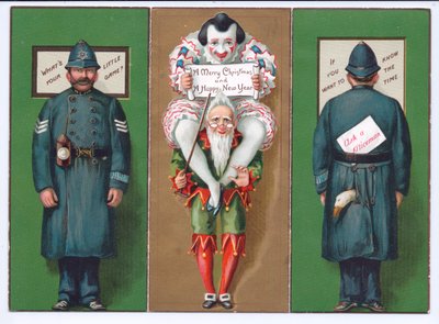 A Victorian Christmas Card with a Jester, Clown and Policeman by English School