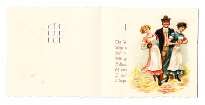 A Victorian Greeting Card of a Gentleman with Two Maids by English School