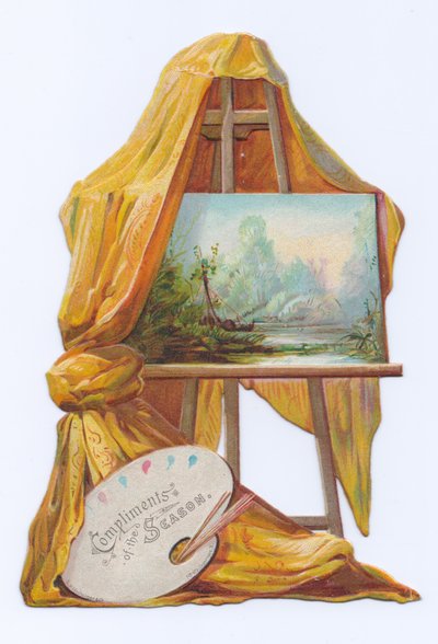 A Victorian Die-Cut Shape Card of a Painting on an Artist Easel with a Drape on It, c.1880 by English School
