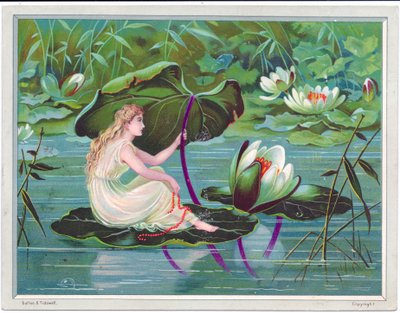 A Victorian greeting card of a fairy sailing on a stream on a lotus lily leaf with a lily leaf as a canopy by English School