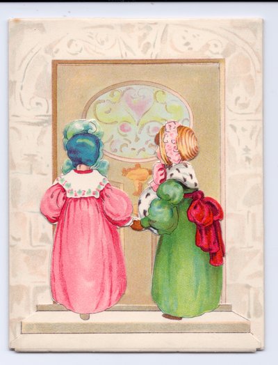 Victorian Greeting Card of Two Children Wearing Bonnets About to Enter a Front Door, c.1880 by English School