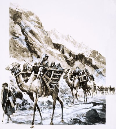 A camel train travels through the Khyber Pass by English School