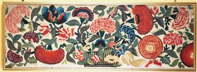 A Felt and Applique Panel with Embroidered Silk Highlights Depicting Carnations, Tulips & Other Flowers Overflowing from a Basket Against an Ivory Wool Ground by English School