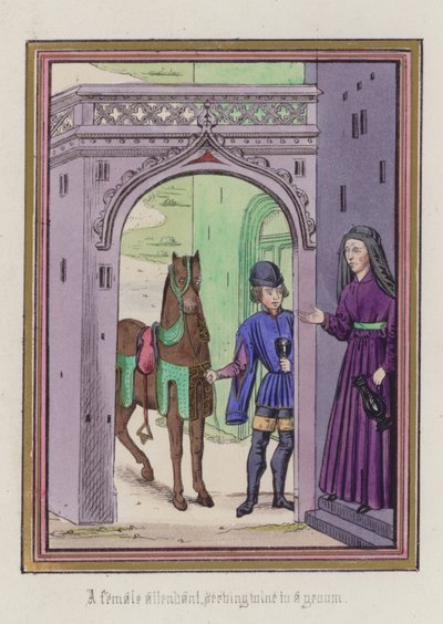 A female attendant serving wine to a groom by English School