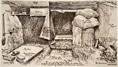 A flat in mud mansions, the Parade, France: a British Officers Dug-out, from a sketch by himself, from The Illustrated War News by English School