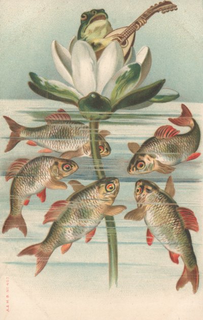 A Frog Playing the Lute on a Lily Pad by English School