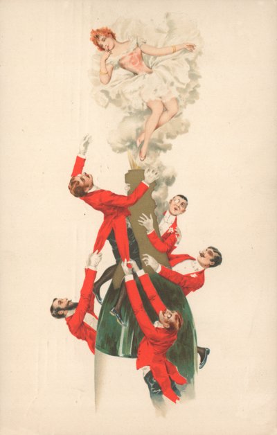 A Group of Red-Jacketed Men Climbing a Champagne Bottle by English School