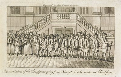 A line of chained convicts from Newgate Prison, Old Bailey, being taken to Blackfriars for transportation, c.1760 by English School