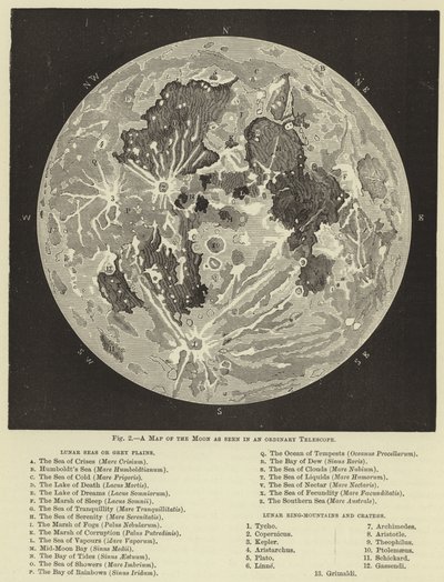 A map of the moon as seen in an ordinary telescope by English School