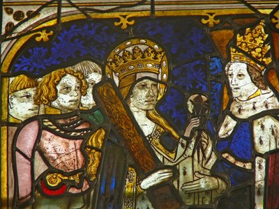 A panel in the east window depicting St Helen with Emperor Constantine by English School