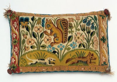 A Pin Cushion Tapestry Panel with a Squirrel and Motto, 