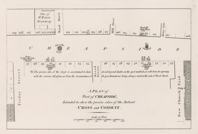 A plan of Cheapside, London, intended to show the precise sites of the ancient Cross and Conduit by English School