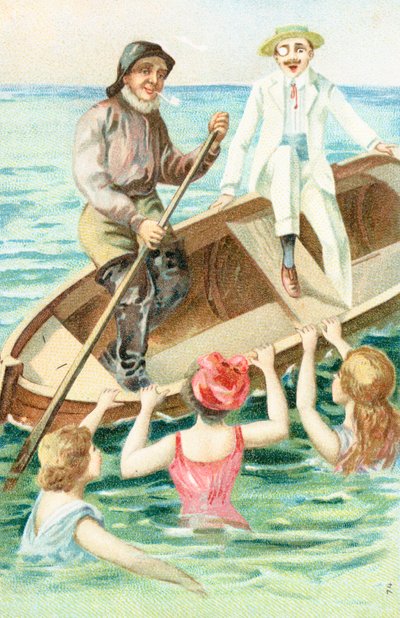 A sailor rowing a boat as bathers pull on the side of the boat by English School