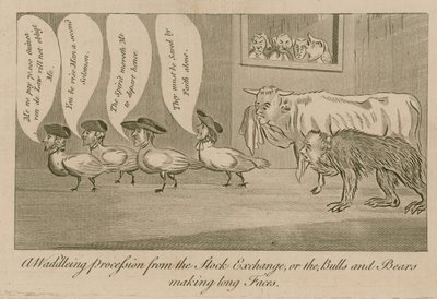 A Waddling Procession from the Stock Exchange, or the Bulls and Bears Making Long Faces by English School