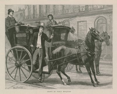 A well-dressed man alighting from a horse-drawn carriage by English School
