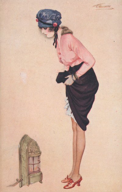 A woman lifting her skirt to warm her legs by a small heater by English School