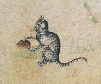 A domestic cat playing with a mouse, from the Luttrell Psalter (detail) by English School