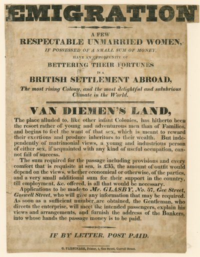 Advert Concerned with the Emigration of Young Women to Van Diemen