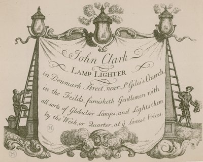 Advert for John Clarke, Lamp Lighter, Denmark Street, London by English School