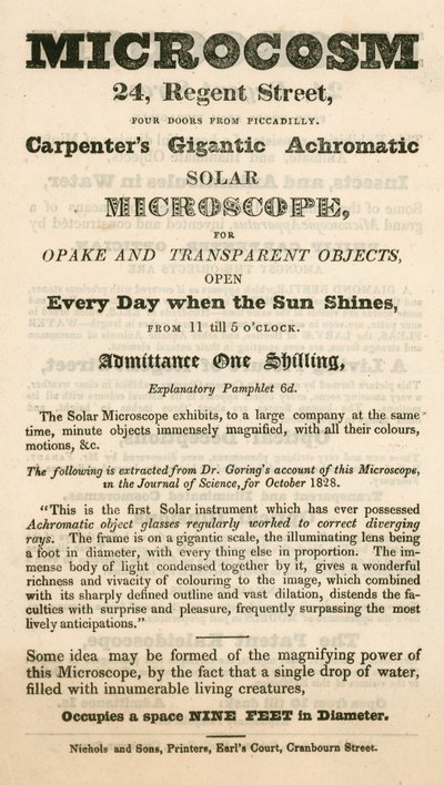 Advert for Microcosm exhibition at 24 Regent Street, London by English School