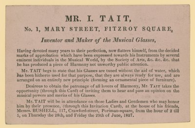 Advert for Mr. I. Tait, inventor and maker of the musical glasses by English School