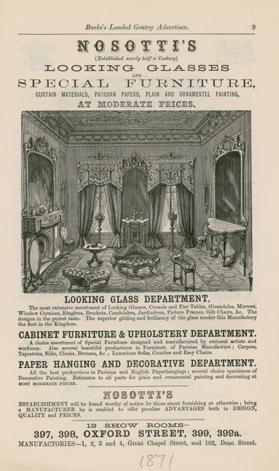 Advert for Nosottis Looking Glasses and Special Furniture by English School