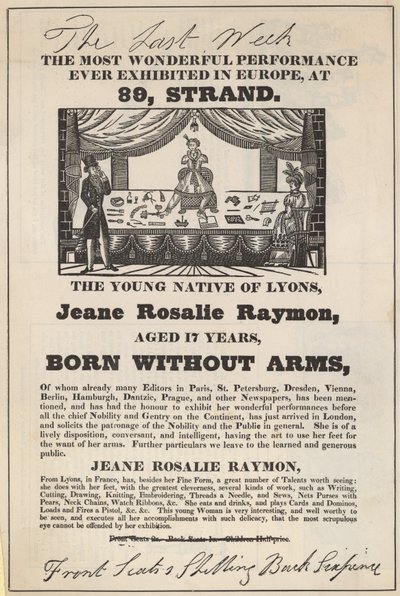 Advert for an appearance by Jeane Rosalie Raymon by English School