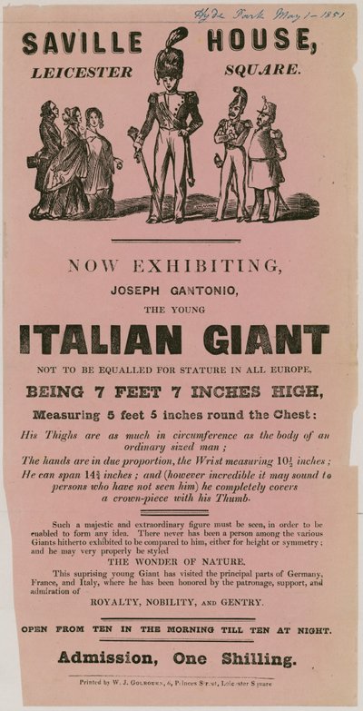 Advert for an appearance of Joseph Gantonio, the young Italian giant by English School