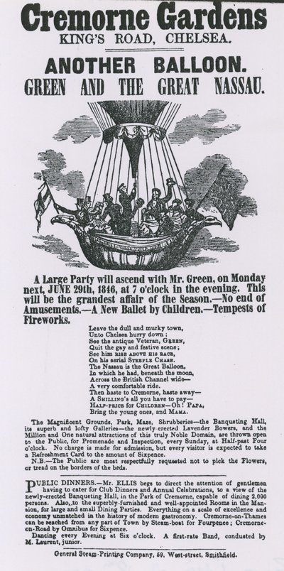 Advert for balloon ascent, Cremorne Gardens, Chelsea by English School