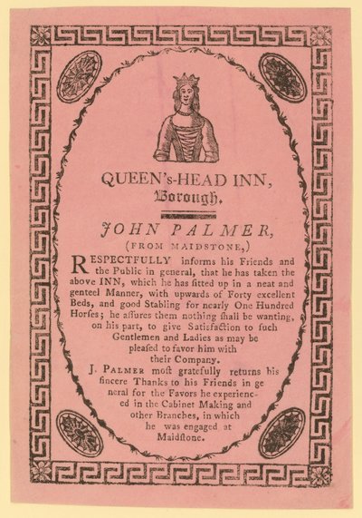 Advert for the Queens Head Inn, Borough, London by English School