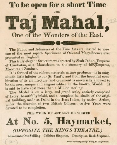 Advert for the exhibition of a model of the Taj Mahal at 5 Haymarket, London by English School
