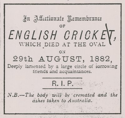 Advert from the Sporting Times in August 1882 which introduced the concept of The Ashes by English School