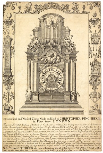 Advertisement for Christopher Pinchbeck Astronomical and Musical Clocks by English School