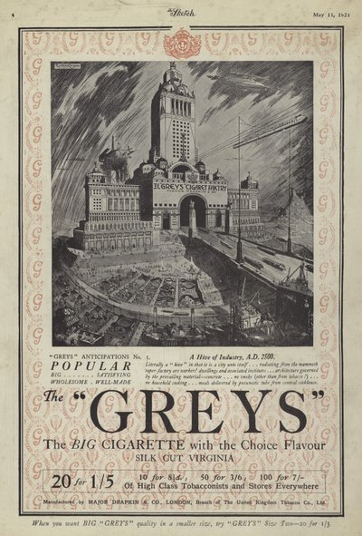 Advertisement for Greys cigarettes by English School