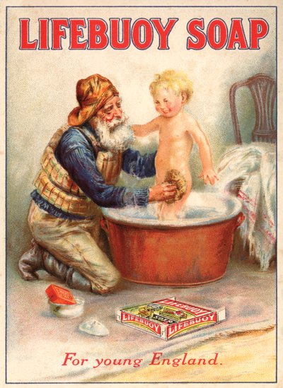 Advertisement for Lifebuoy Soap Showing a Lifeboatman Bathing a Child by English School