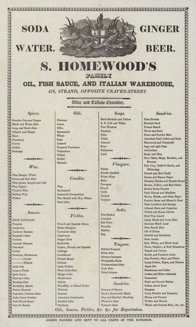 Advertisement for S Homewoods Oil, Fish Sauce and Italian Warehouse by English School
