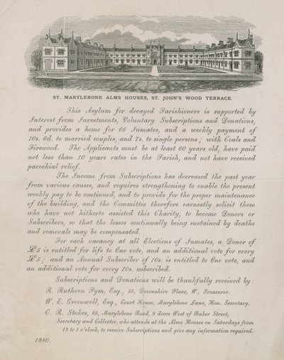 Advertisement for St Marylebone Alms Houses by English School