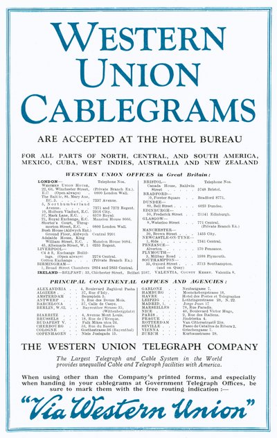 Advertisement for Western Union Cablegrams (colour litho) by English School