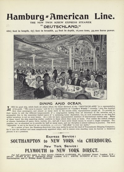 Advertisement for the Hamburg-American Line, the new twin screw express steamer, Deutschland by English School
