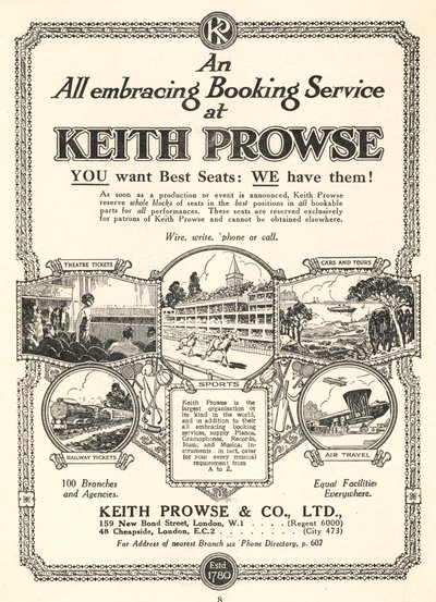 Advertisement for the ticket booking services of Keith Prowse & Co, Ltd by English School