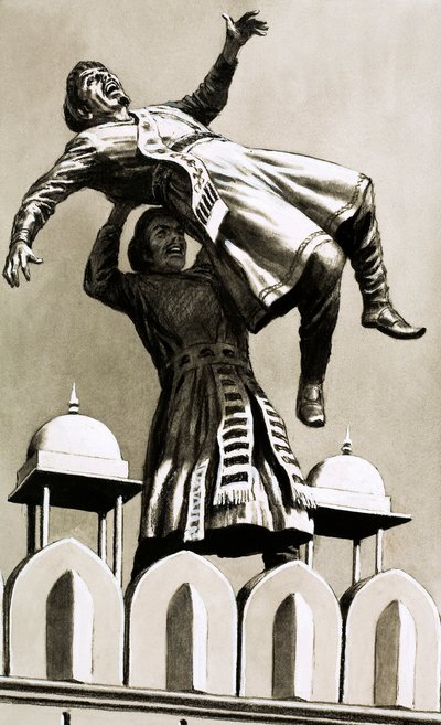 Akbar, King of Hindustan, threw the murderer Adham Khan from the top of the palace by English School